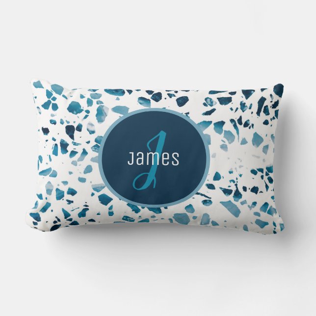 Customised Abstract Terrazzo Mosaic Blue Pattern  Lumbar Cushion (Front)