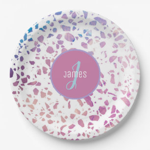 Customised Abstract Terrazzo Pink & Blue Pattern Paper Plate
