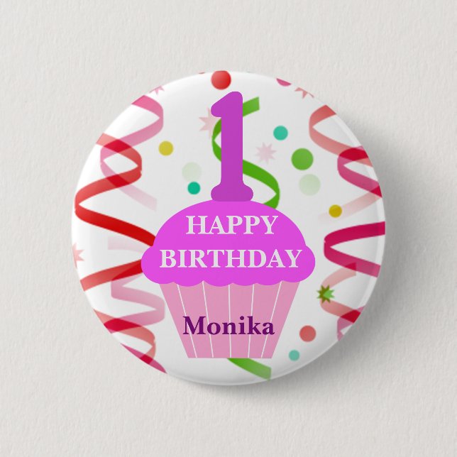 Customised Age and Name Happy Birthday Cupcake 6 Cm Round Badge (Front)