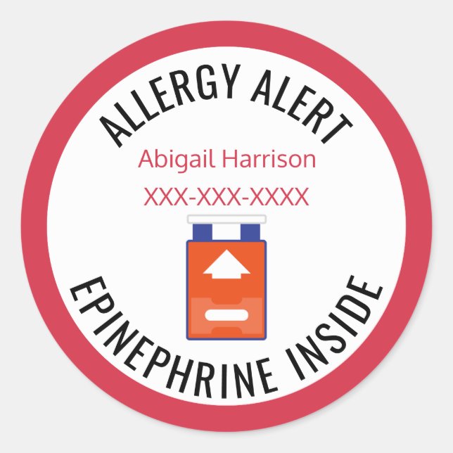 Customised Allergy Alert Epinephrine Inside Kids Classic Round Sticker (Front)