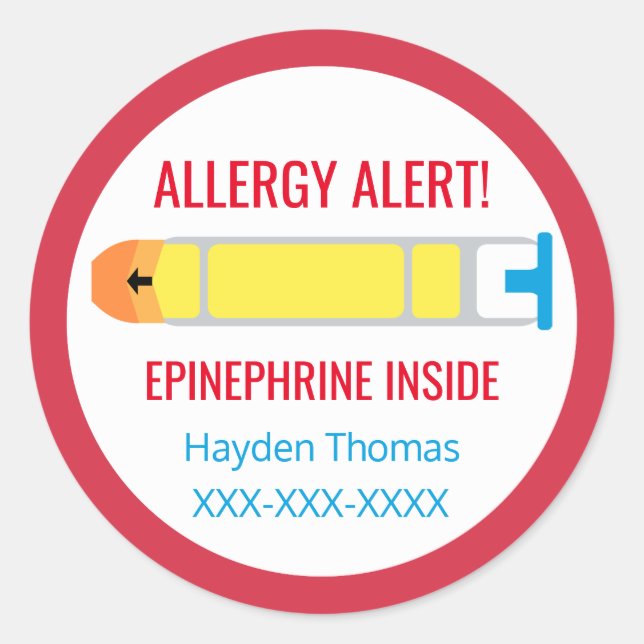 Customised Allergy Alert Epinephrine Inside Kids Classic Round Sticker (Front)