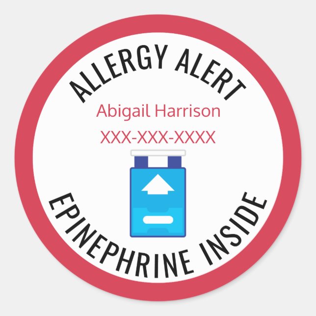 Customised Allergy Alert Epinephrine Inside Kids Classic Round Sticker (Front)