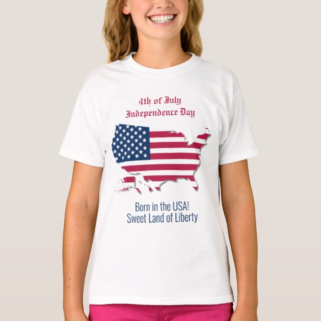 Customised American Map Flag Red White Starry Blue T-Shirt (Front)