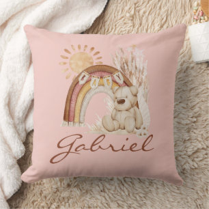 Customised Baby Name Boho Bear Rainbow Sunshine Cushion