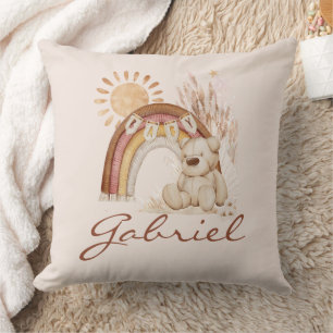Customised Baby Name Boho Bear Rainbow Sunshine Cushion