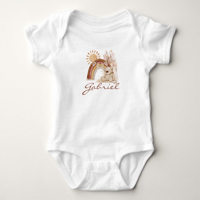 Customised Baby Name Boho Teddy Bear Rainbow Bodysuit (Front)