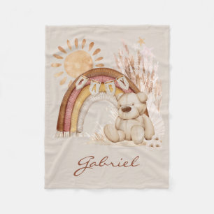 Customised Baby Name Boho Teddy Bear Rainbow Fleece Blanket