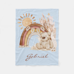 Customised Baby Name Boho Teddy Bear Rainbow Fleece Blanket
