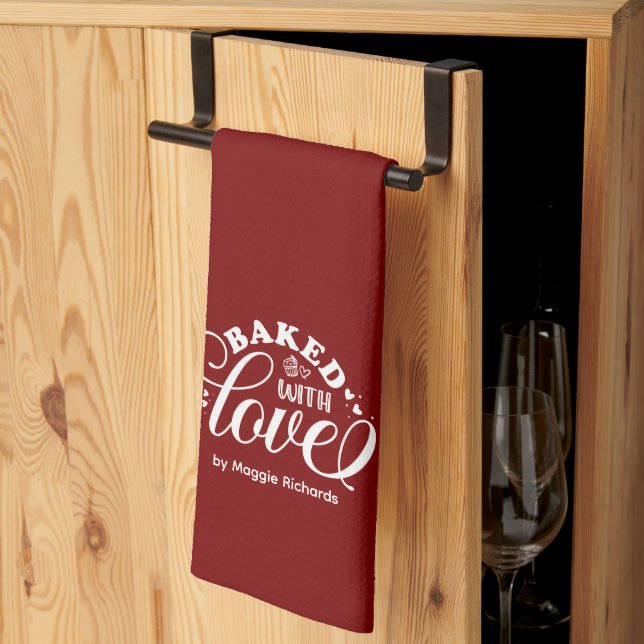 Customised Baked with Love Red Baking Kitchen Towe Tea Towel (Thirds Fold)