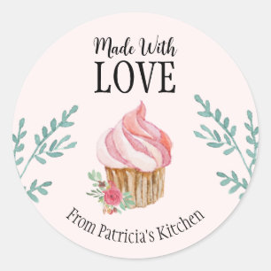 Customised Baking Pink Watercolor Floral Cupcake  Classic Round Sticker