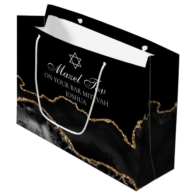 Customised Bar Mitzvah Mazel Tov Black Gold Large Gift Bag (Front Angled)
