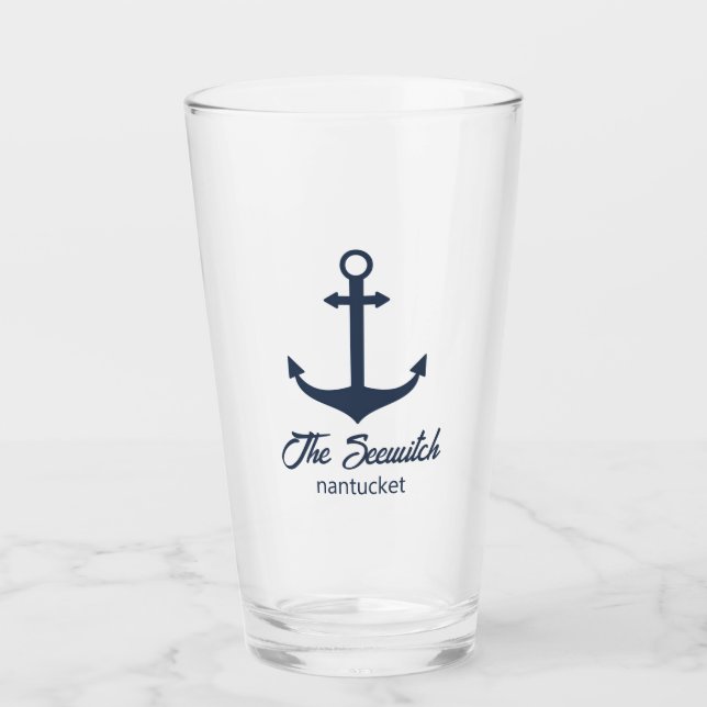 Customised Beer Glass - Blue Boat Anchor (Front)