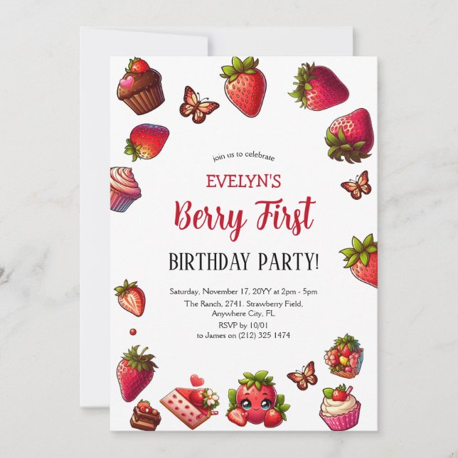 Customised Berry First Birthday Strawberry 1st Invitation (Front)