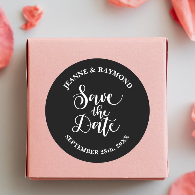 Customised Black and White Wedding Save The Date Classic Round Sticker (Customized round wedding sticker adds polished charm to your save the date envelopes.)