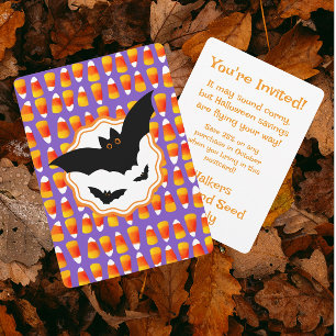 Customised Black Bat Candy Corn Halloween Invitation