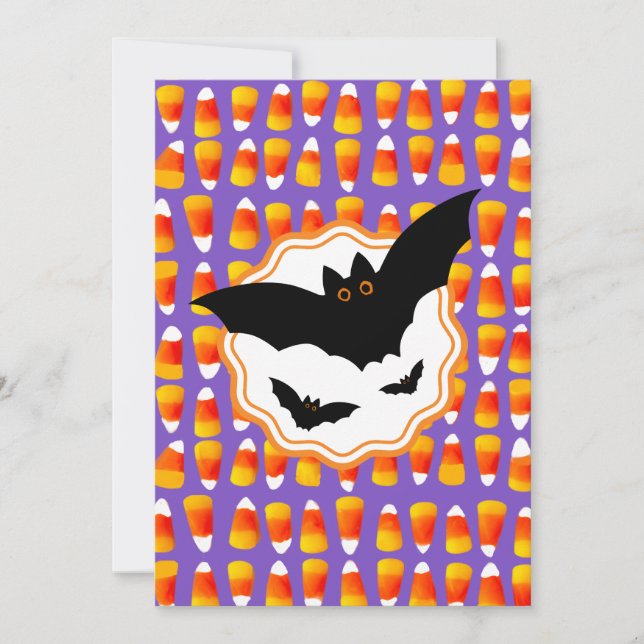 Customised Black Bat Candy Corn Halloween Invitation (Front)