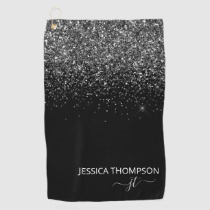Customised Black Glitter Modern Monogram Name  Golf Towel