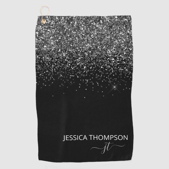 Customised Black Glitter Modern Monogram Name  Golf Towel (Front)