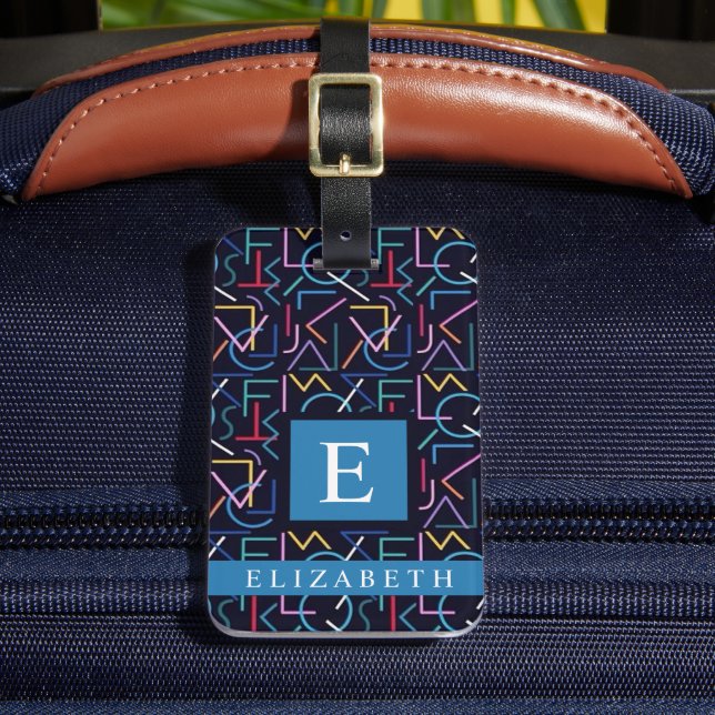Customised Black Teal Blue Abstract Pattern Luggage Tag (Front Insitu 2)
