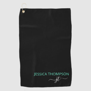 Customised Black Teal Elegant Modern Monogram Name Golf Towel