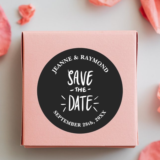 Customised Black Typography Wedding Save the Date Classic Round Sticker (Black typography save the date sticker adds personalized elegance to wedding invitation seals.)