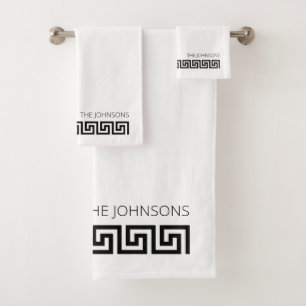Customised Black White Modern Greek Key Bath Towel Set