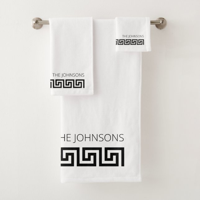 Customised Black White Modern Greek Key Bath Towel Set (Insitu)