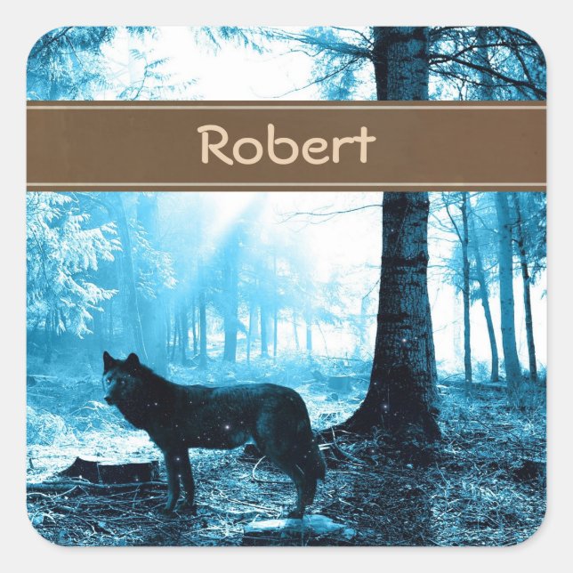Customised Black Wolf Alone in the Forest Square Sticker (Front)
