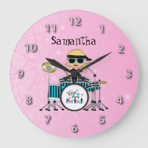 Customised Blonde Drummer Girl with Stars on Pink Large Clock