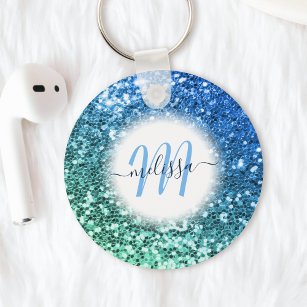 Customised Blue Glitter Mermaid Monogram Name Key Ring