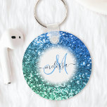 Customised Blue Glitter Mermaid Monogram Name Key Ring<br><div class="desc">Easily personalise this beautiful sparkly blue faux glitter keychain with your custom handwritten script monogram and name.</div>