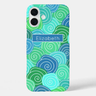 Customised Blue Green Rolling Circles Pattern iPhone 16 Plus Case