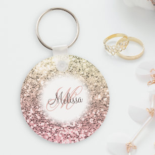 Customised Blush Pink Pretty Glitter Monogram Name Key Ring