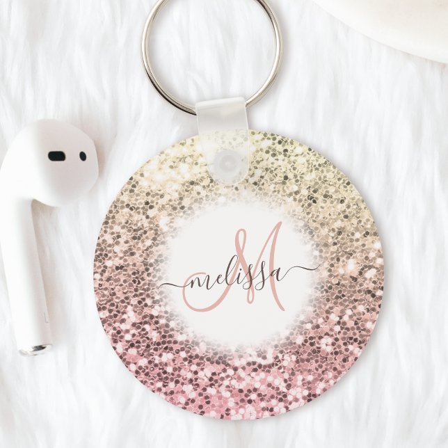 Customised Blush Pink Pretty Glitter Monogram Name Key Ring (Creator Uploaded)