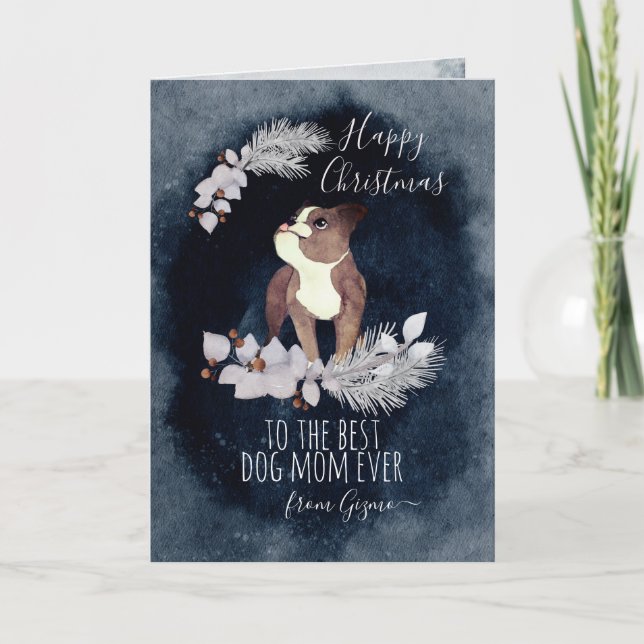 Customised Boston Terrier Mum Watercolor Christmas Holiday Card (Front)