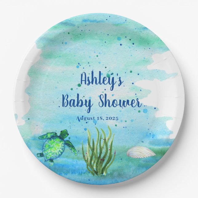 Customised Boys Sea Turtle Baby Shower     Paper Plate (Front)