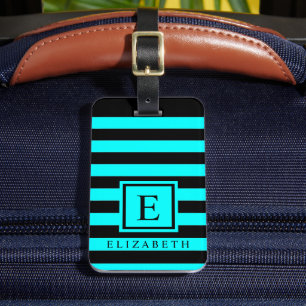 Customised Bright Turquois Blue Black Colour Block Luggage Tag