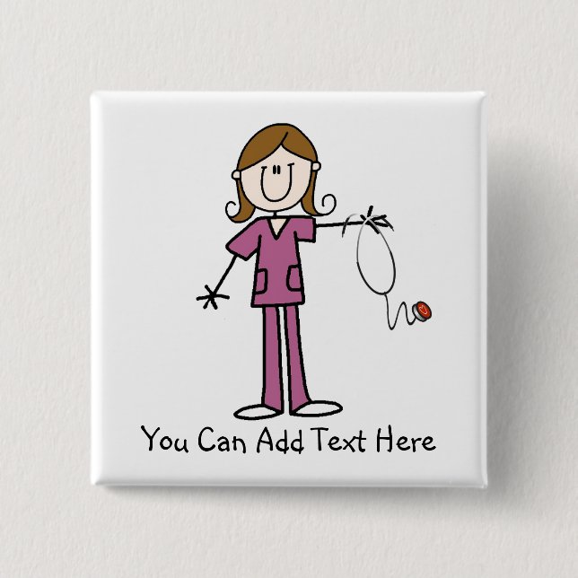 Customised Brown Hair Stick Figure Nurse  Button (Front)