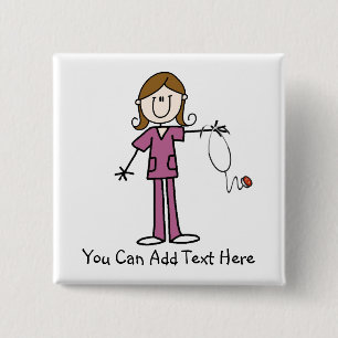 Customised Brown Hair Stick Figure Nurse  Button