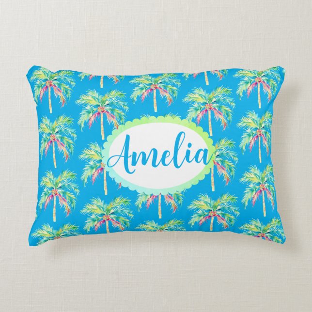 Customised Caribbean Blue Tropical Palm Tree  Decorative Cushion (Front)