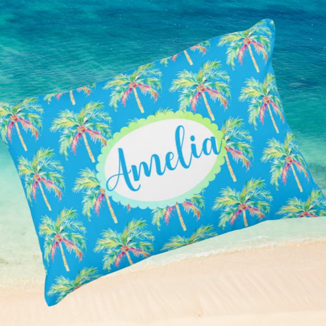 Customised Caribbean Blue Tropical Palm Tree  Decorative Cushion (Personalize it!)