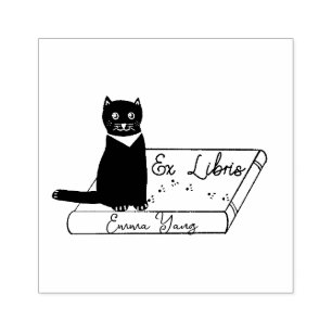 Customised Cat on book Ex Libris Wood Art Stamp