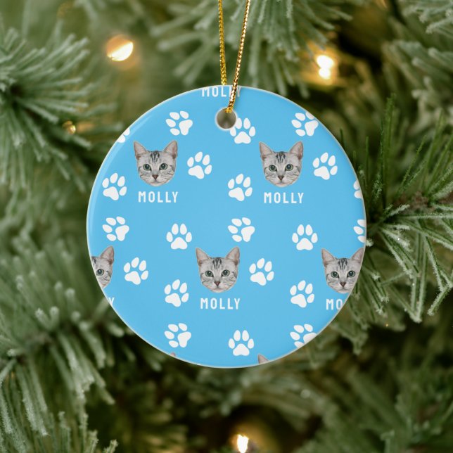 Customised Cat Pet Photo & Name Blue Ceramic Tree Decoration (Tree)