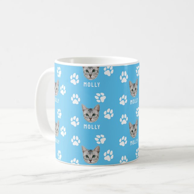 Customised Cat Pet Photo & Name Blue Coffee Mug (Front Left)