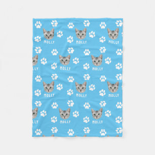 Customised Cat Pet Photo & Name Blue Fleece Blanket