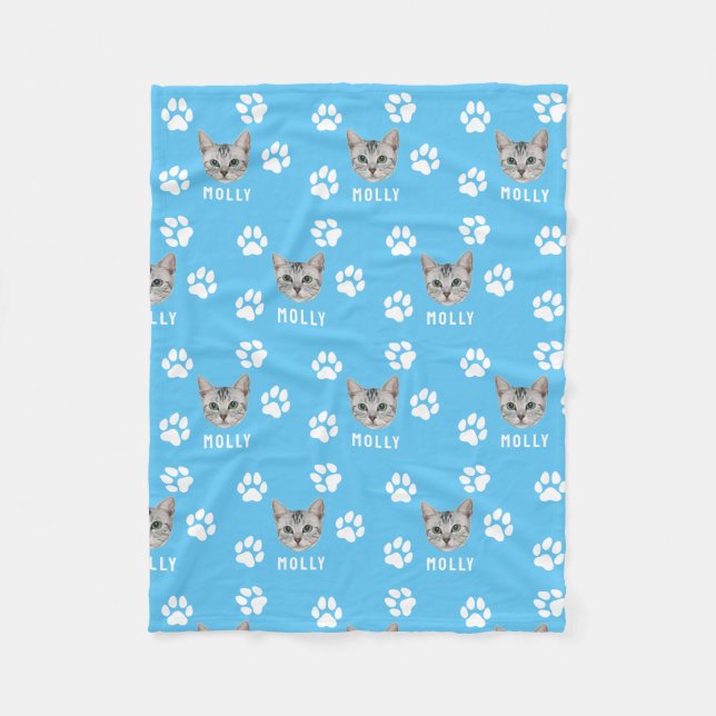 Customised Cat Pet Photo & Name Blue Fleece Blanket (Front)