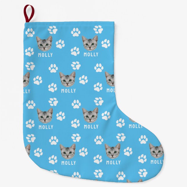 Customised Cat Pet Photo & Name Blue Large Christmas Stocking (Front)