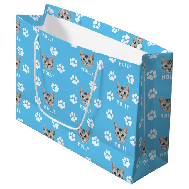 Customised Cat Pet Photo & Name Blue Large Gift Bag (Front Angled)
