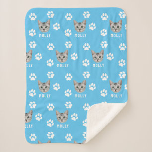 Customised Cat Pet Photo & Name Blue Sherpa Blanket