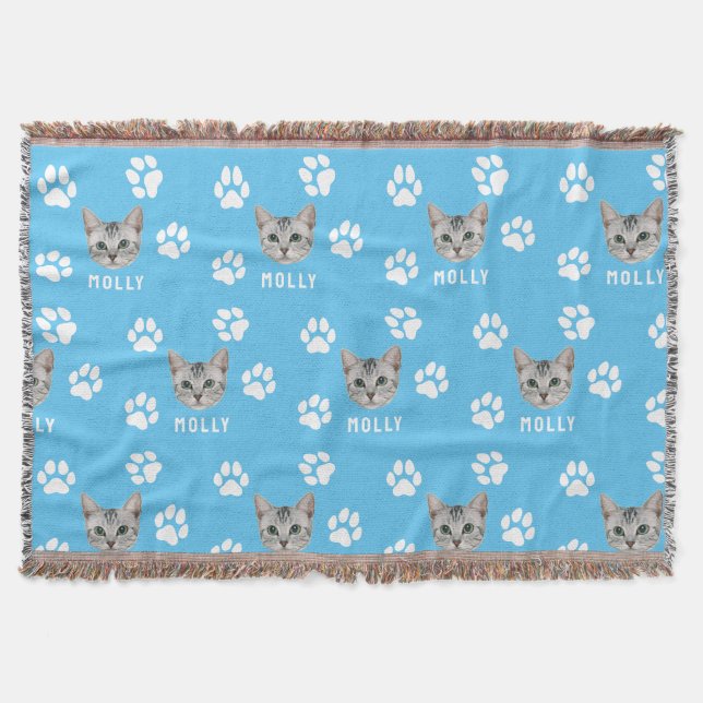 Customised Cat Pet Photo & Name Blue Throw Blanket (Front)